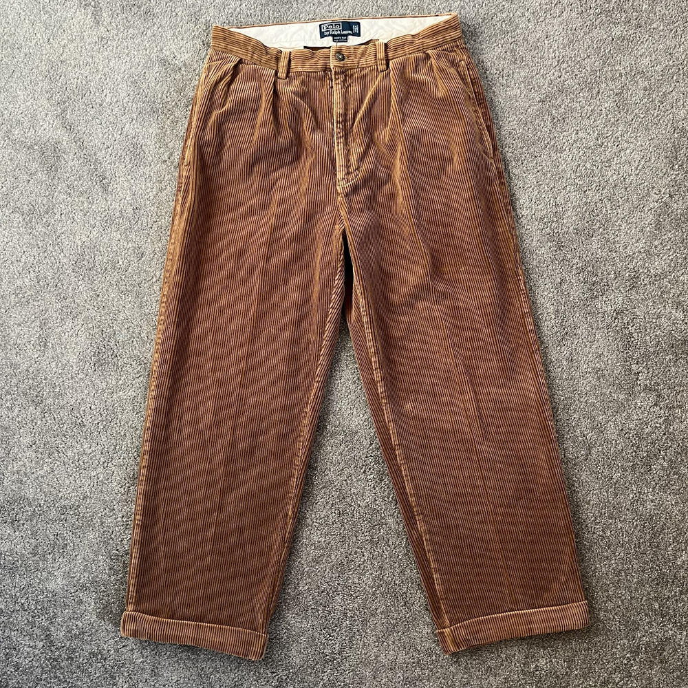Vtg Polo Ralph Lauren Dark Tan Andrew 100% Cotton Pleated Corduroy Pant Men's 33